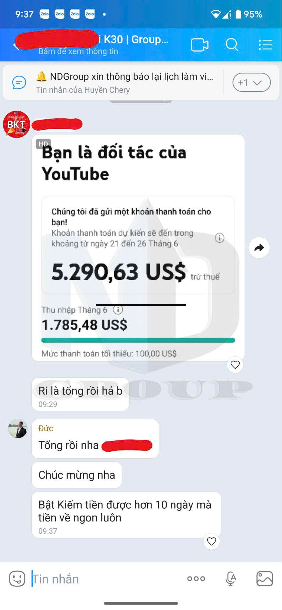 Tin nhắn học viên nhận thanh toán