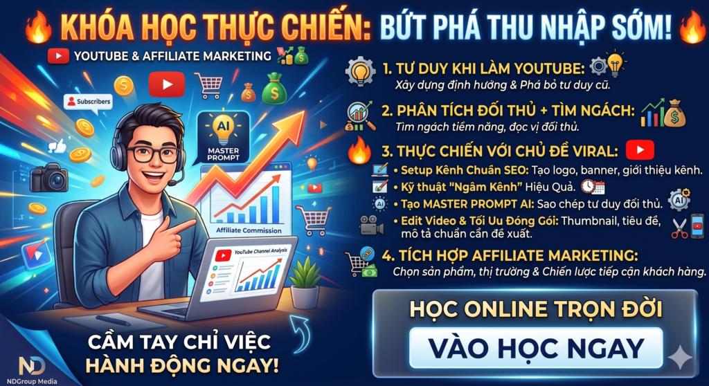LỘ TRÌNH LÀM CHỦ MA TRẬN YOUTUBE CÙNG AI – BỨT PHÁ THU NHẬP SỚM CÙNG YOUTUBE & AFFILIATE